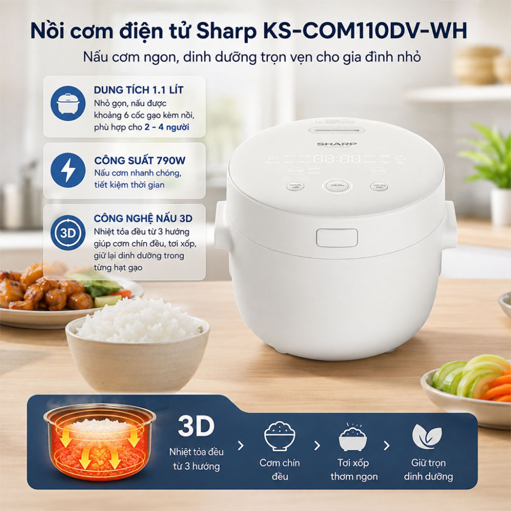 Nồi cơm điện tử Sharp 1.1 lít KS-COM110DV-WH - Hàng chính hãng