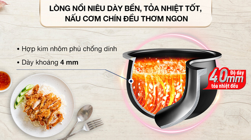 Lòng nồi bằng hợp kim nhôm dày, được phủ chống dính cao cấp