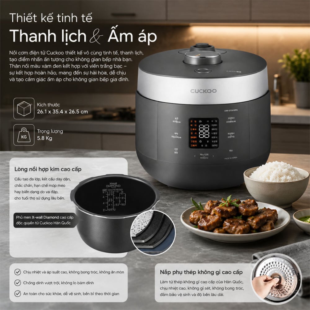 Nồi cơm điện tử áp suất kép Cuckoo CRP-ST0610FG 1.08L - Hàng chính hãng