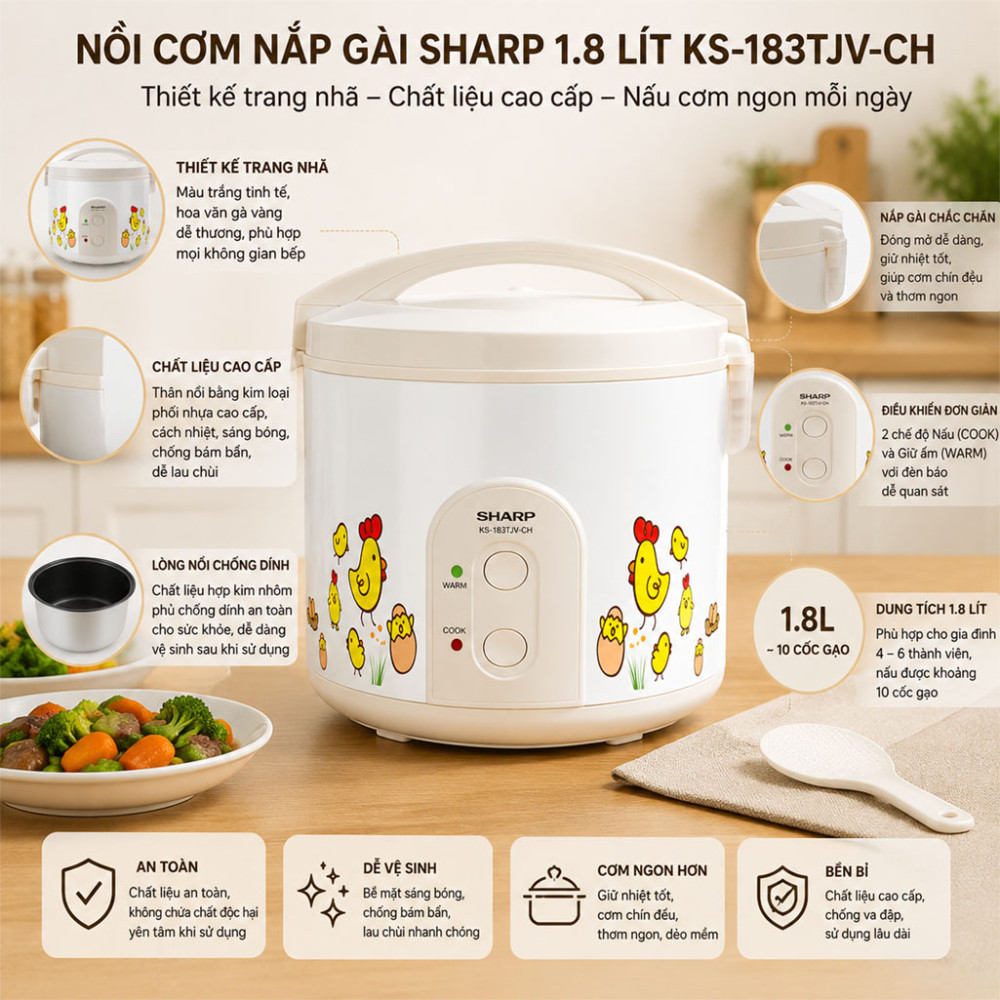 Nồi cơm nắp gài Sharp 1.8 lít KS-183TJV-CH - Hàng chính hãng