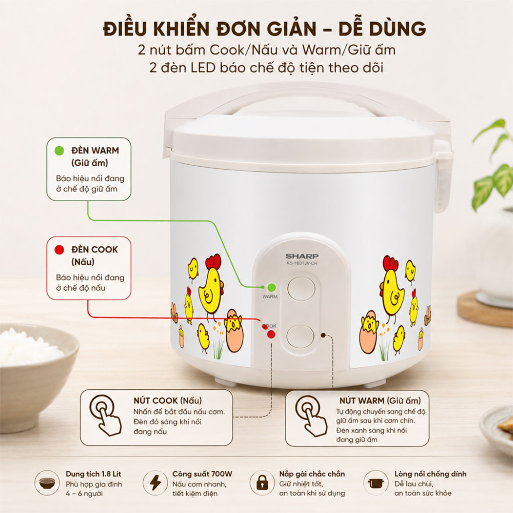 Nồi cơm nắp gài Sharp 1.8 lít KS-183TJV-CH - Hàng chính hãng