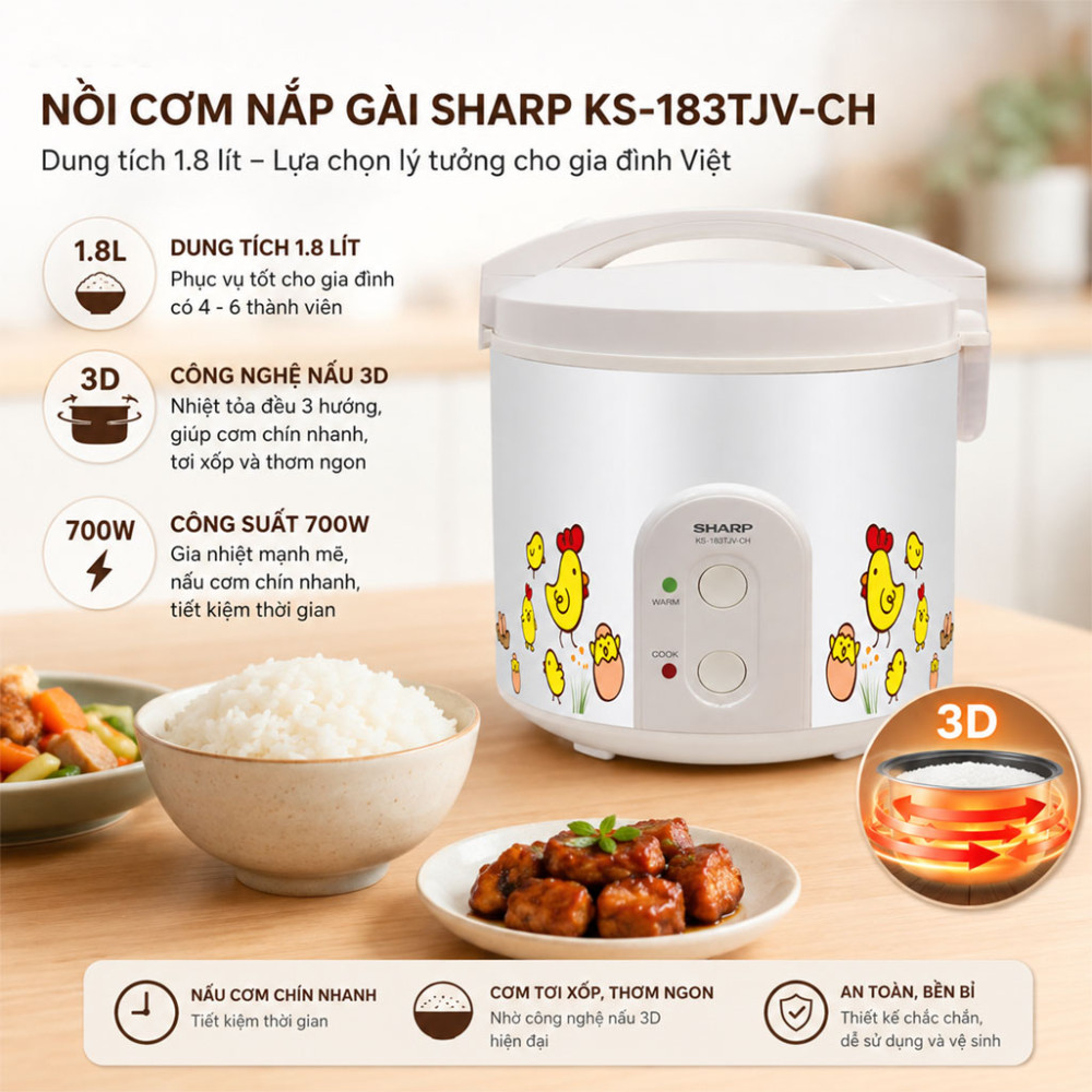 Nồi cơm nắp gài Sharp 1.8 lít KS-183TJV-CH - Hàng chính hãng