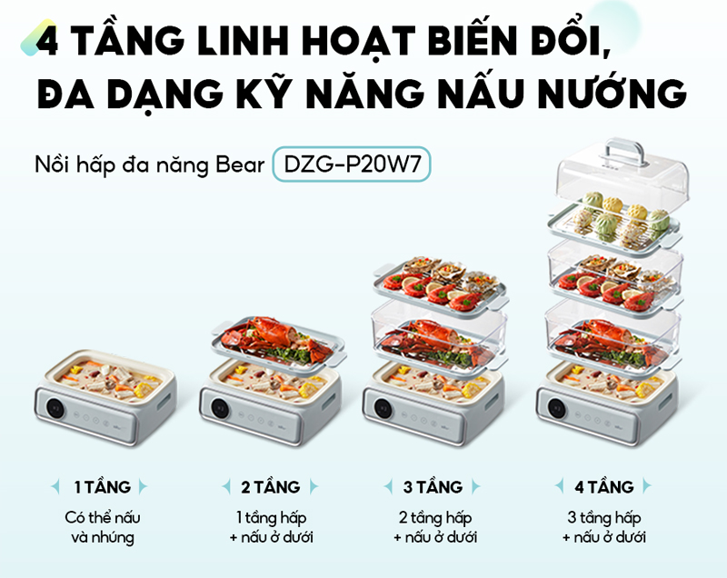 Nồi có 4 tầng, thiết kế linh hoạt cho việc nấu nướng