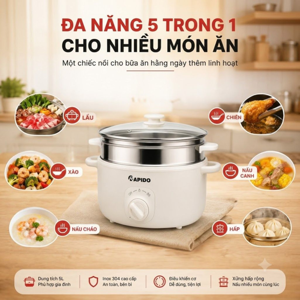 Nồi lẩu điện đa năng Rapido RFM50WSM - Hàng chính hãng