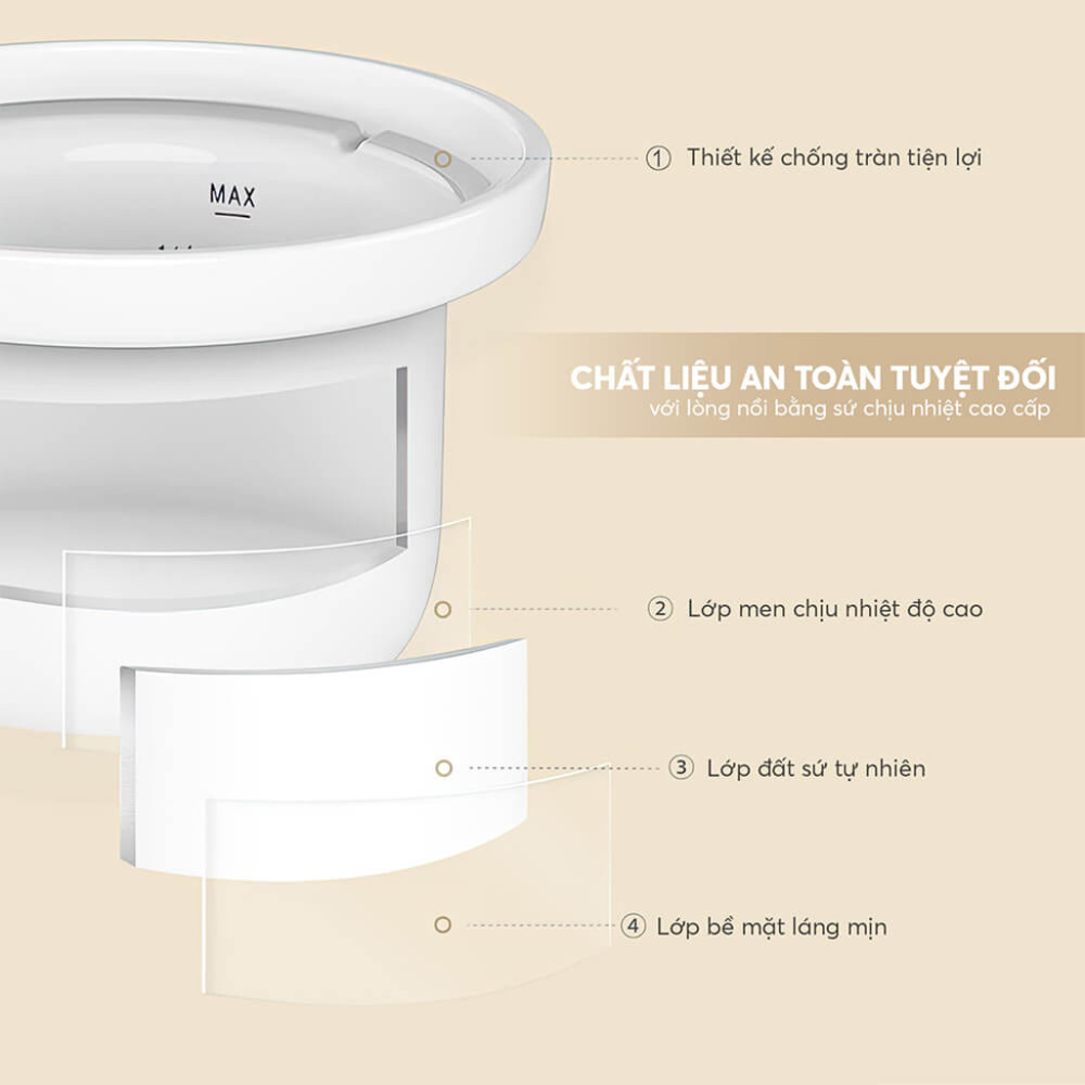 Lòng nồi bằng sứ cao cấp an toàn và dễ vệ sinh