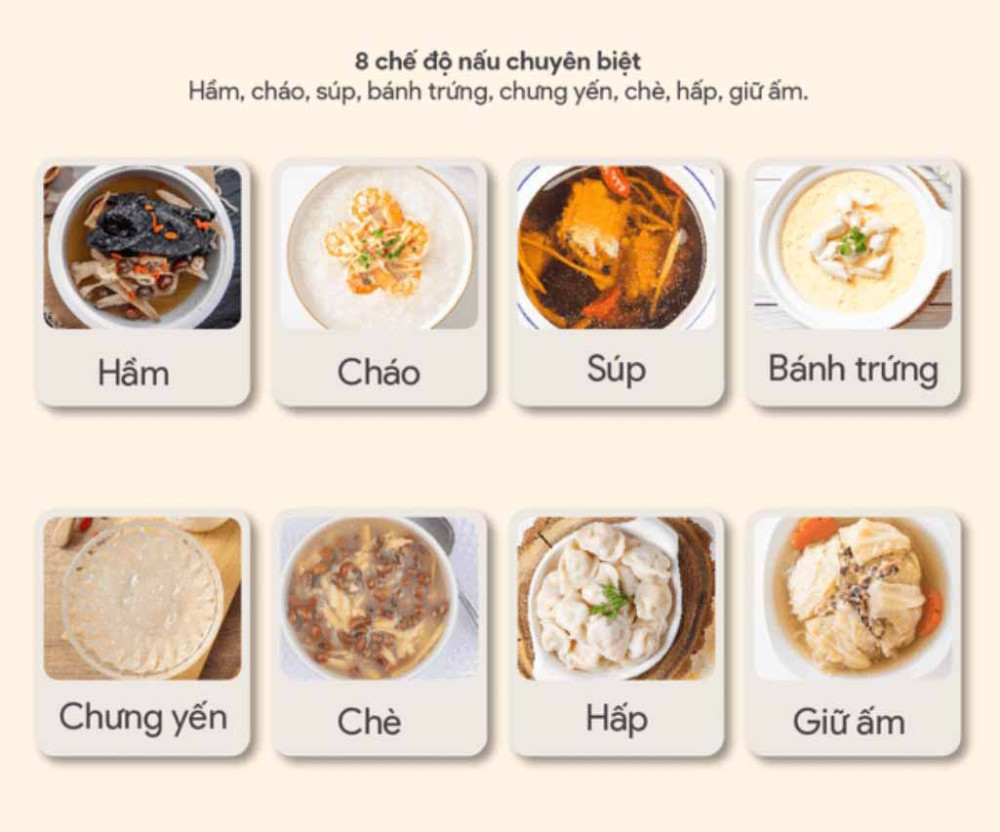 Có 8 chế độ nấu đa dạng, linh hoạt