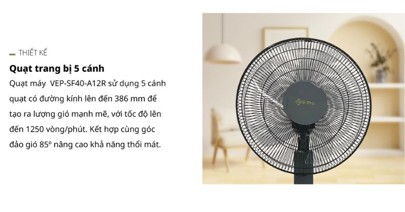 5 cánh quạt với đường kính 38.6cm, tạo luồng gió mát