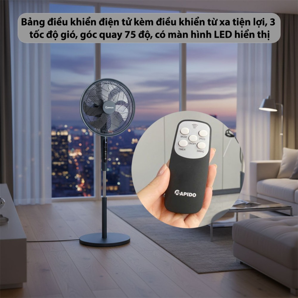 Quạt đứng điều khiển từ xa Rapido RWF–45PGD - Hàng chính hãng