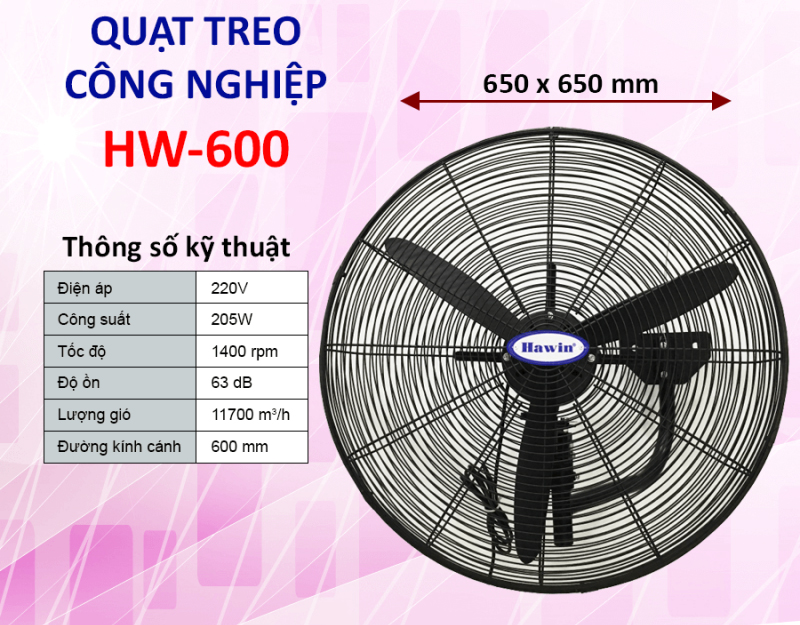 Thông số kỹ thuật của quạt treo công nghiệp Hawin HW-600