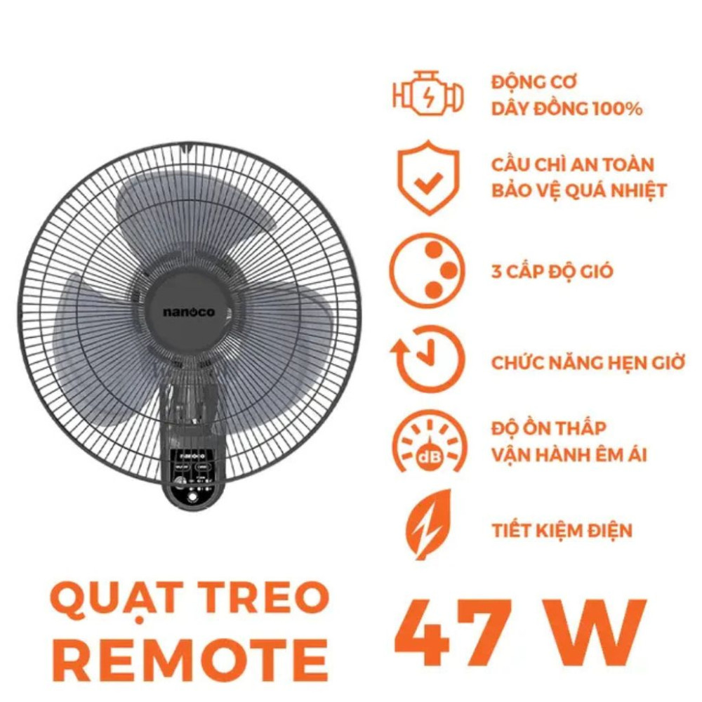 Quạt treo tường Nanoco NWF1615RC - Hàng chính hãng