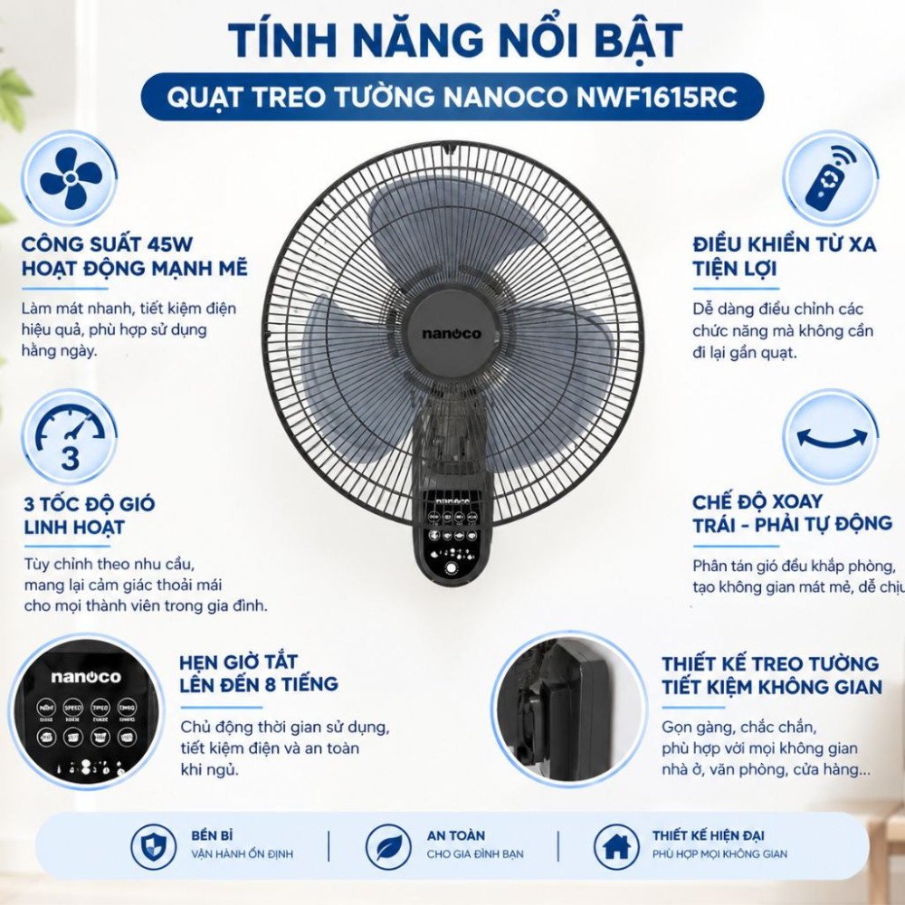 Quạt treo tường Nanoco NWF1615RC - Hàng chính hãng