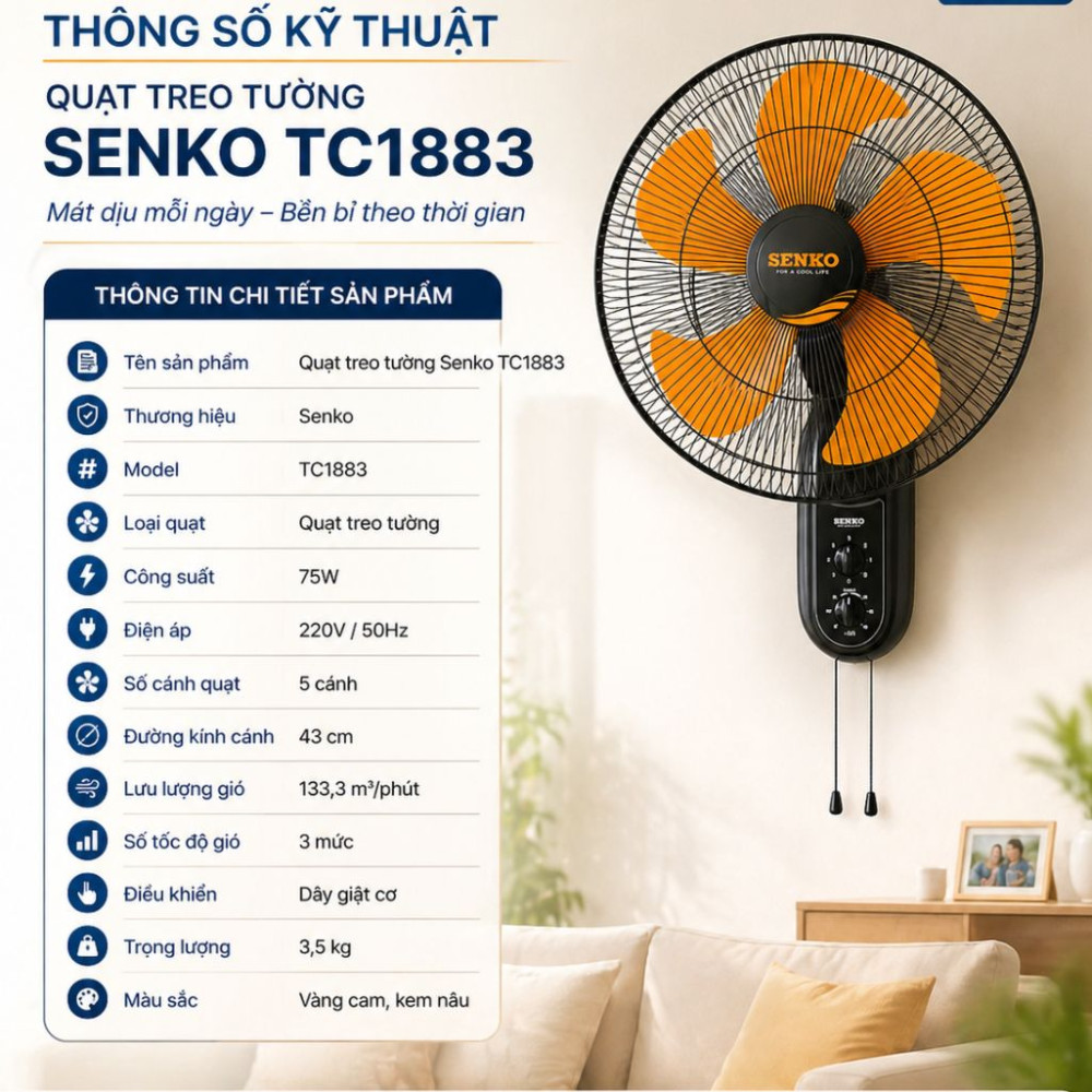 Quạt treo tường Senko TC1883 - Hàng chính hãng