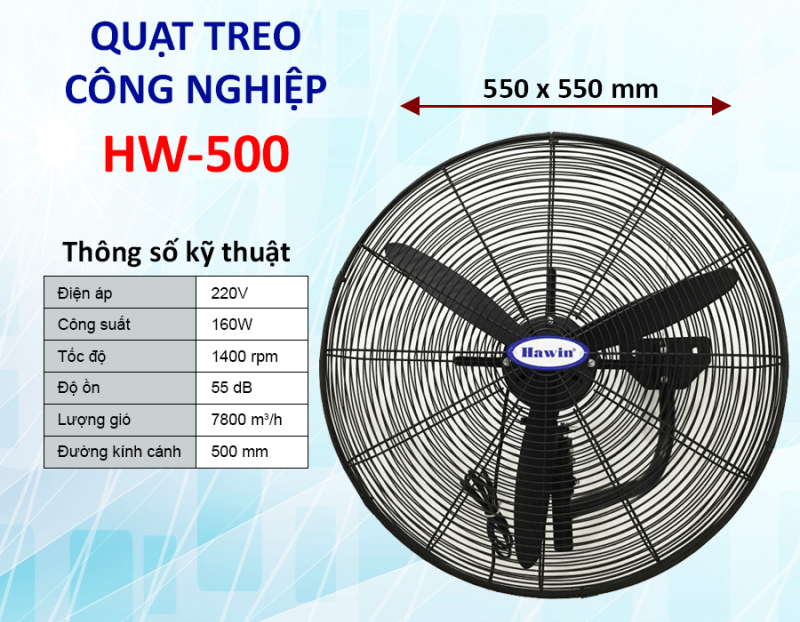 Thông số kỹ thuật của quạt treo công nghiệp Hawin HW500