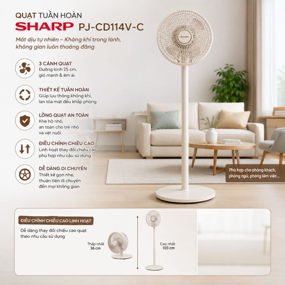Quạt tuần hoàn Sharp 3 cánh PJ-CD114V-C 36W - Hàng chính hãng