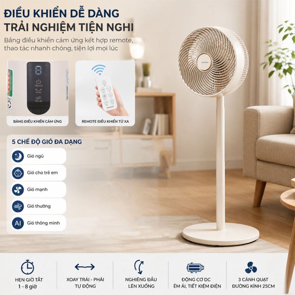 Quạt tuần hoàn Sharp 3 cánh PJ-CD114V-C 36W - Hàng chính hãng