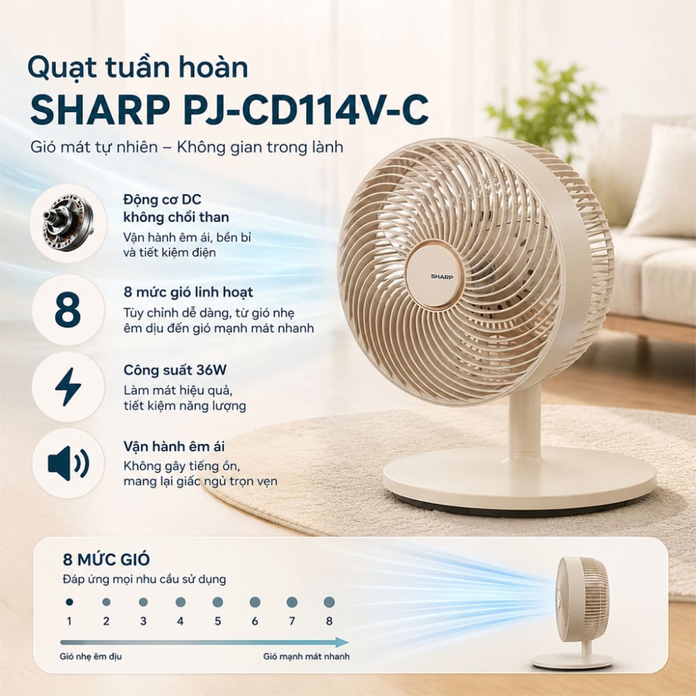 Quạt tuần hoàn Sharp 3 cánh PJ-CD114V-C 36W - Hàng chính hãng