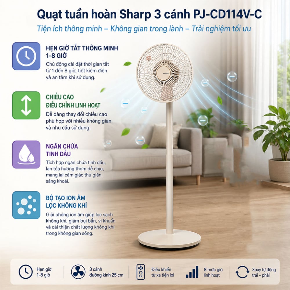 Quạt tuần hoàn Sharp 3 cánh PJ-CD114V-C 36W - Hàng chính hãng