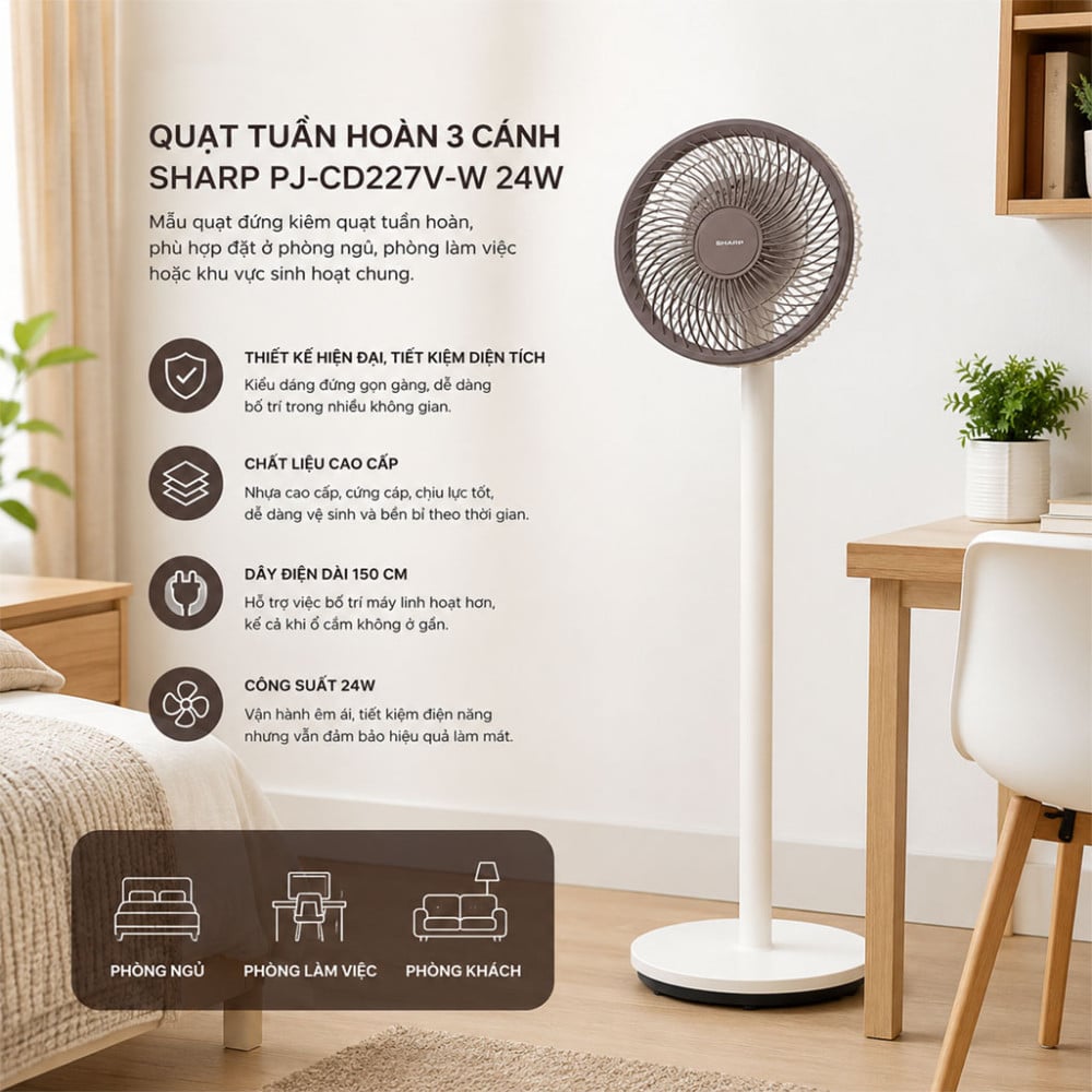 Quạt tuần hoàn Sharp 3 cánh PJ-CD227V-W 24W - Hàng chính hãng