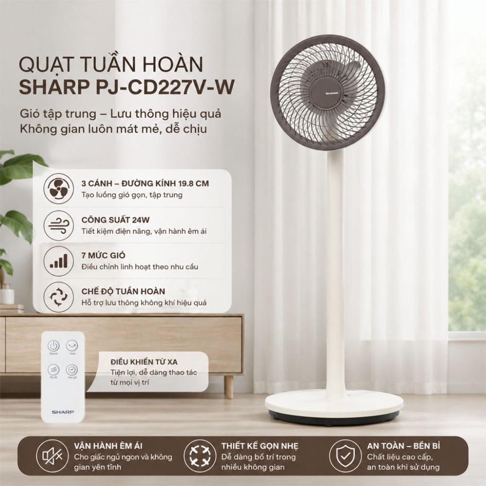 Quạt tuần hoàn Sharp 3 cánh PJ-CD227V-W 24W - Hàng chính hãng