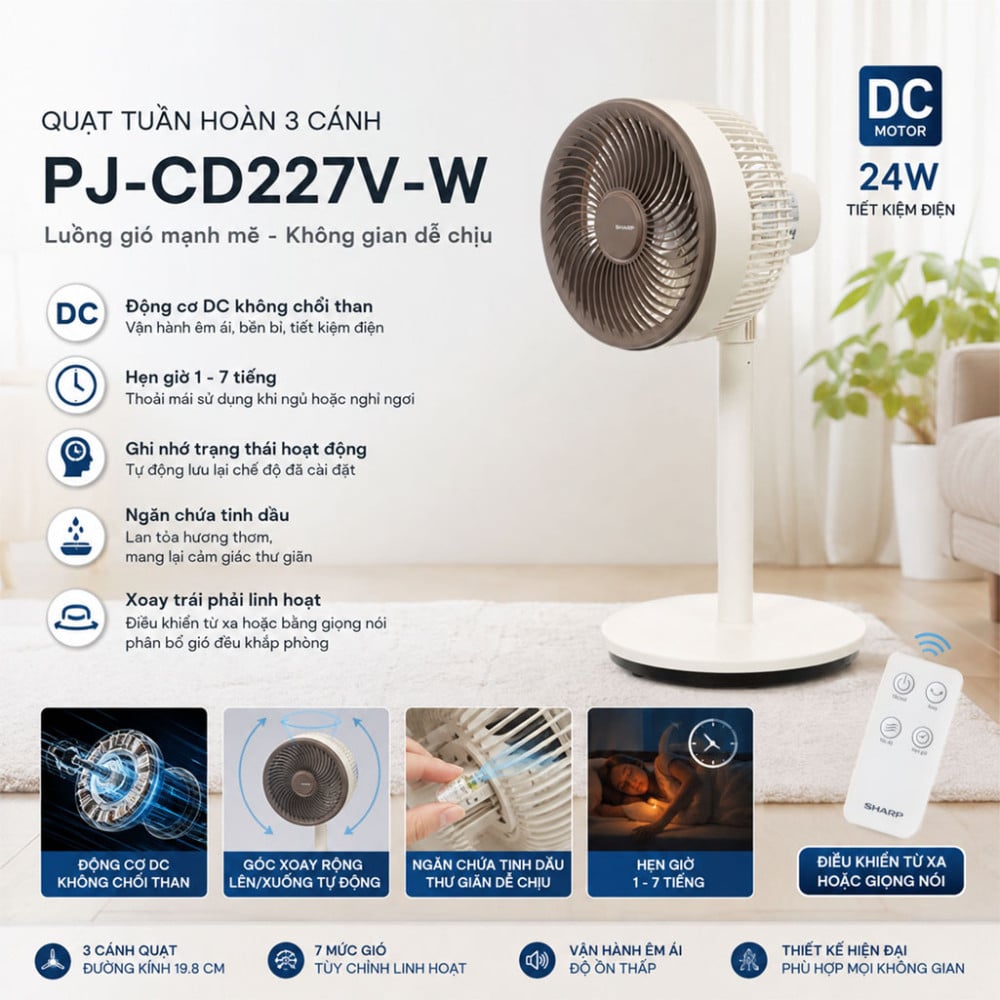 Quạt tuần hoàn Sharp 3 cánh PJ-CD227V-W 24W - Hàng chính hãng