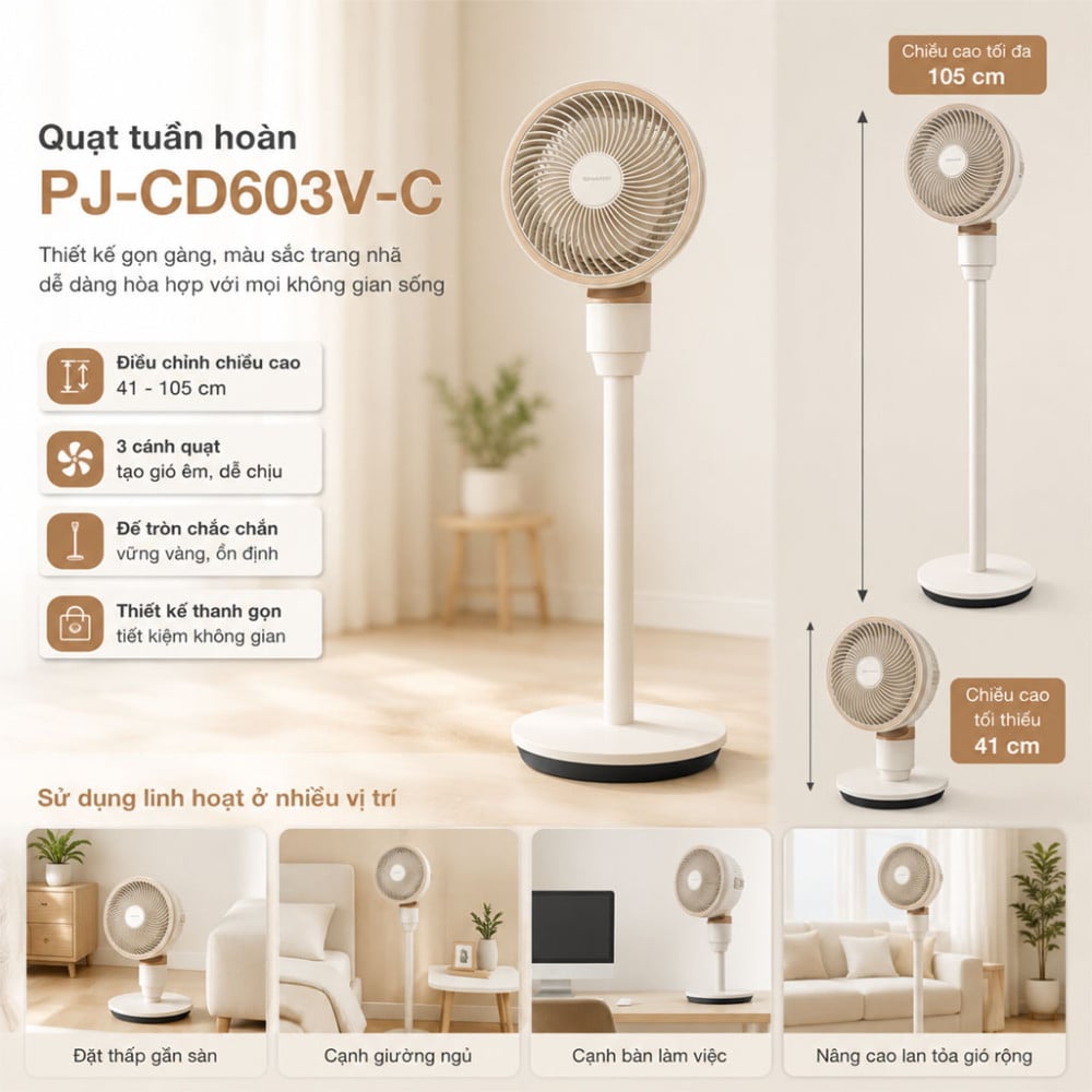 Quạt tuần hoàn Sharp 3 cánh PJ-CD603V-C 24W - Hàng chính hãng