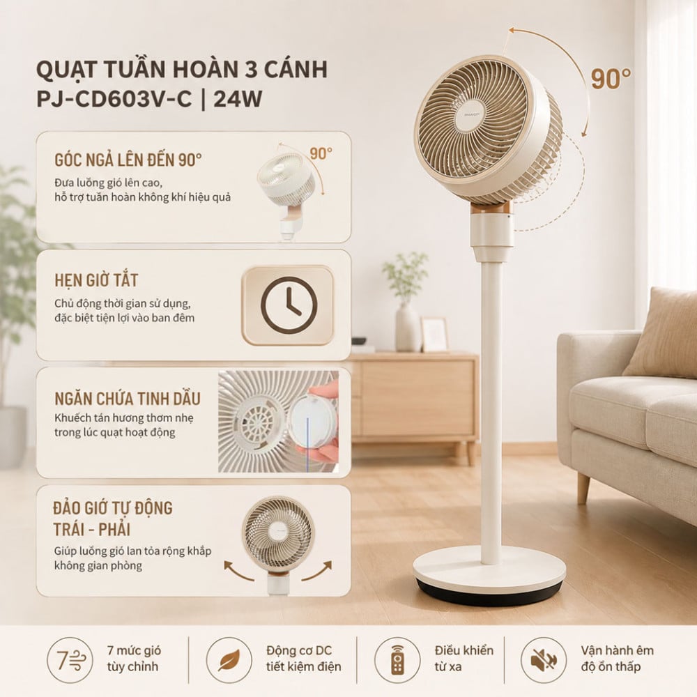 Quạt tuần hoàn Sharp 3 cánh PJ-CD603V-C 24W - Hàng chính hãng