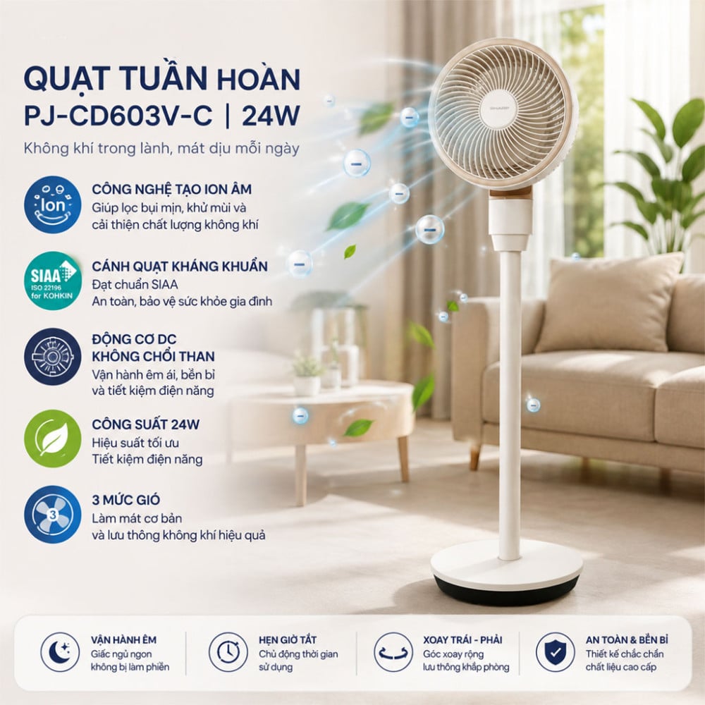 Quạt tuần hoàn Sharp 3 cánh PJ-CD603V-C 24W - Hàng chính hãng