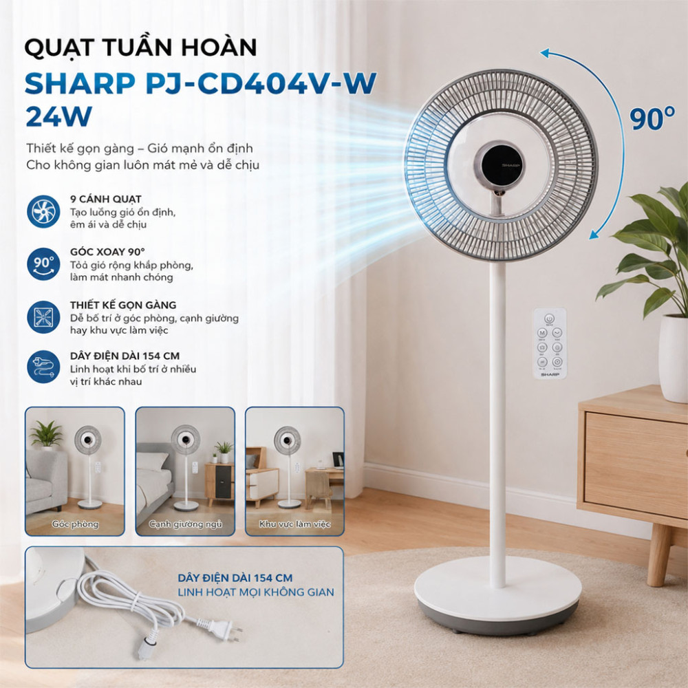 Quạt tuần hoàn Sharp 9 cánh PJ-CD404V-W 24W - Hàng chính hãng