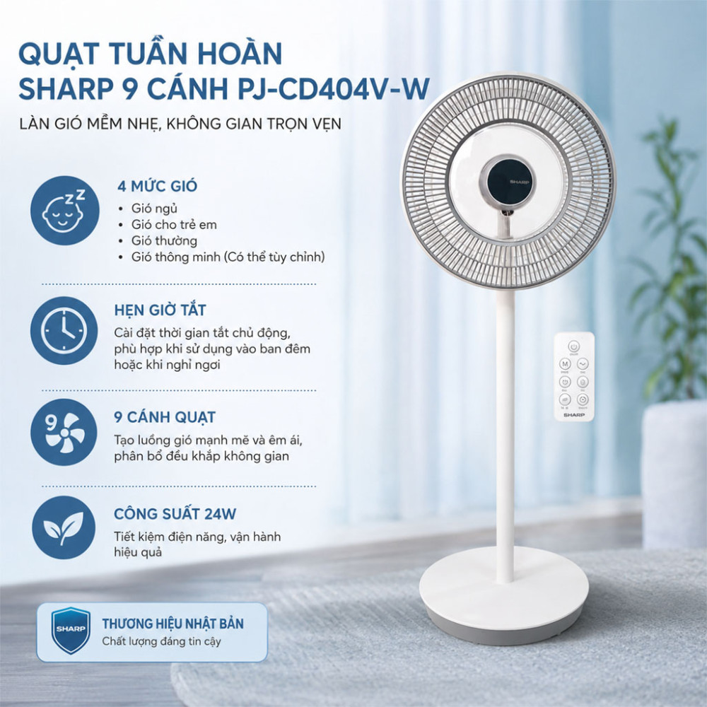 Quạt tuần hoàn Sharp 9 cánh PJ-CD404V-W 24W - Hàng chính hãng