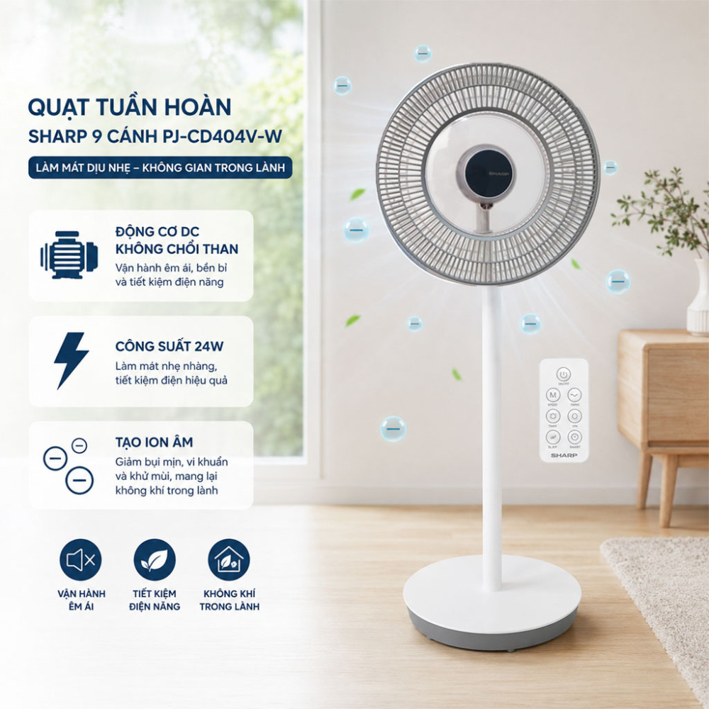 Quạt tuần hoàn Sharp 9 cánh PJ-CD404V-W 24W - Hàng chính hãng