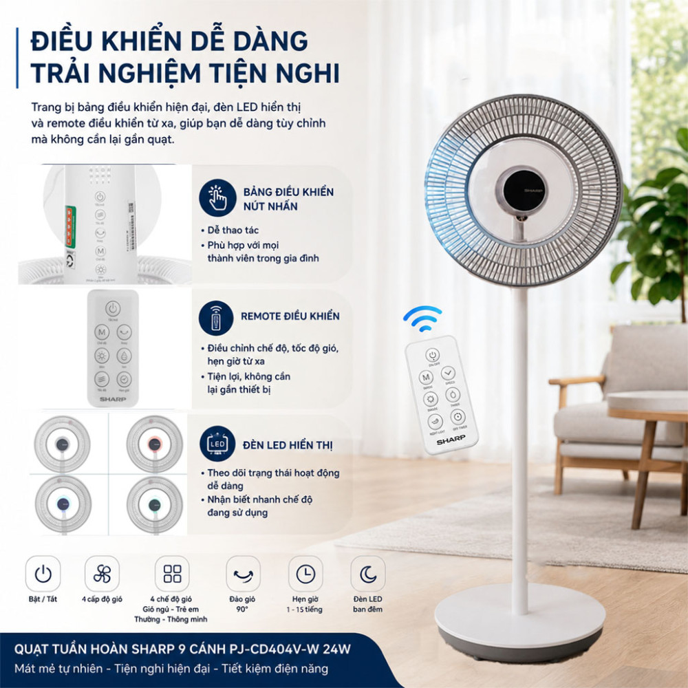 Quạt tuần hoàn Sharp 9 cánh PJ-CD404V-W 24W - Hàng chính hãng