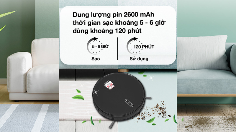 Dung lượng pin 2600 mAh, thời gian hoạt động lên đến 120 phút