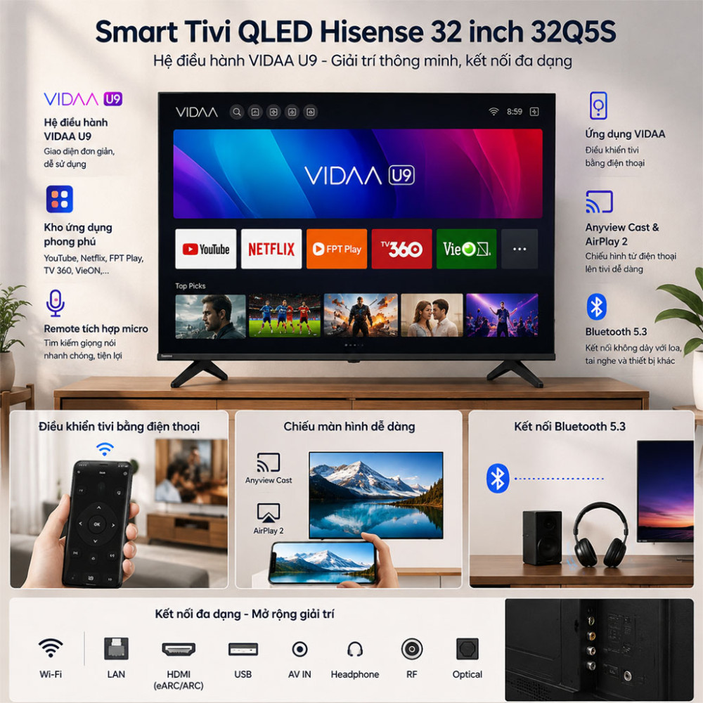 Smart Tivi QLED Hisense 32 inch 32Q5S - Hàng chính hãng