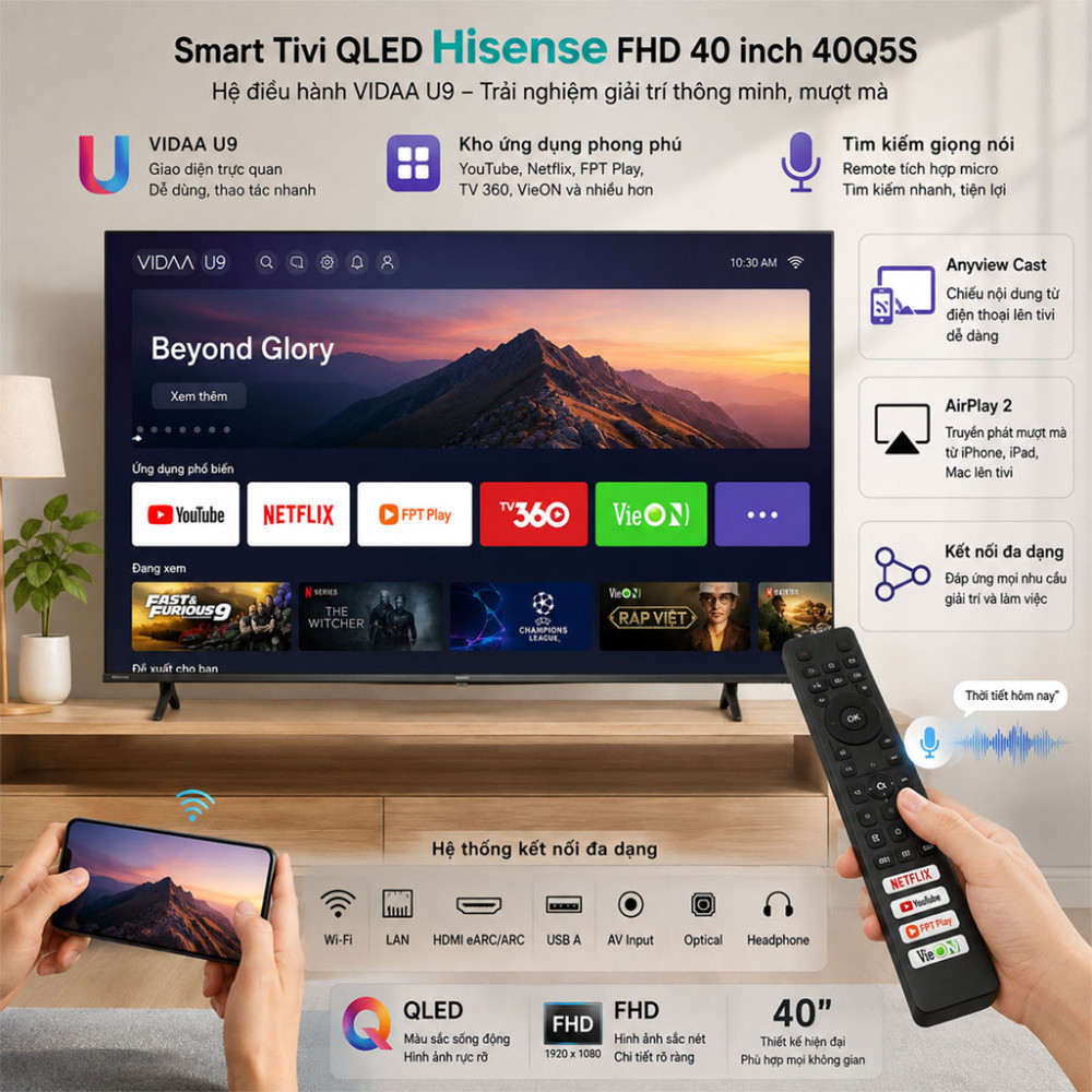 Smart Tivi QLED Hisense FHD 40 inch 40Q5S - Hàng chính hãng