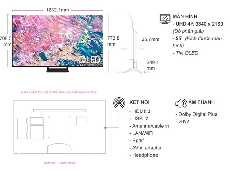 Kích thước của smart tivi QLED Samsung 55 inch 4K QA55Q60B