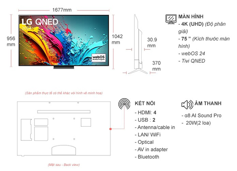 Kích thước của tivi LG 4K 75 Inch 75QNED86TSA