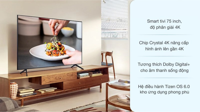 Smart Tivi Samsung 4K 75 inch 75AU7700 với nhiều tính năng thông minh