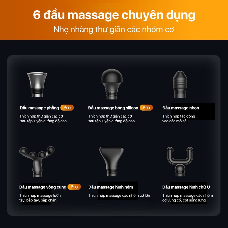 Máy được trang bị 6 đầu massage làm từ nhựa cao cấp có thể thay lắp dễ dàng