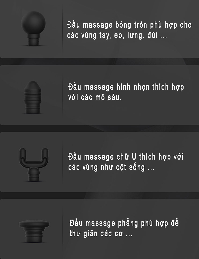 Có 4 đầu massage chuyên dụng phù hợp giảm đau cho từng vùng cơ thể