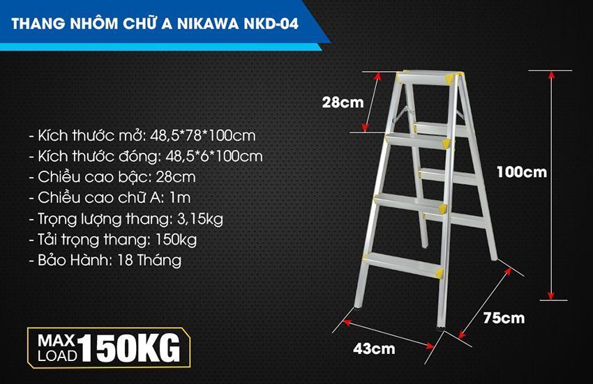 Kích thước của thang nhôm gấp chữ A Nikawa NKD-04