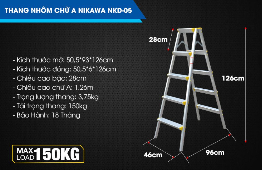 Kích thước của thang nhôm gấp chữ A Nikawa NKD-05