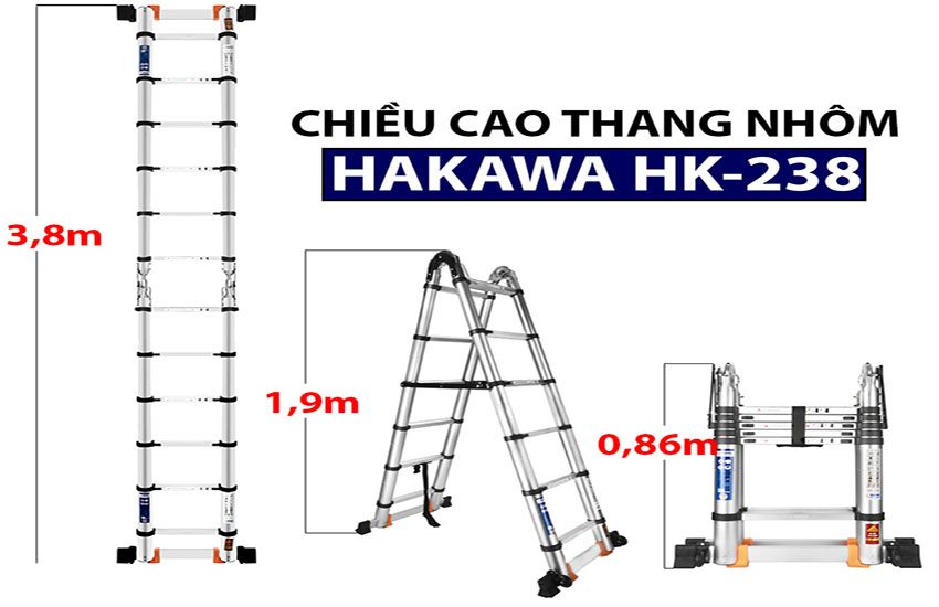 Kích thước của Thang nhôm rút đôi chữ A Hakawa HK-238