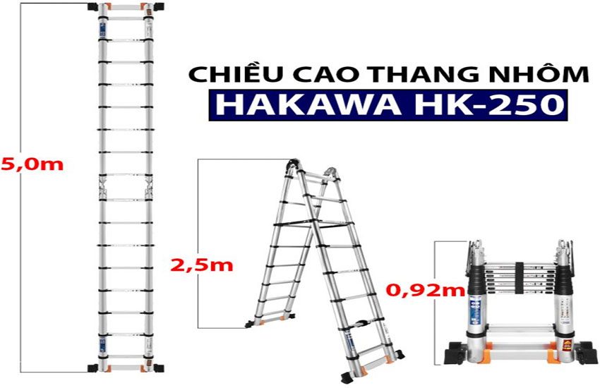 Kích thước của Thang nhôm rút đôi chữ A Hakawa HK-250
