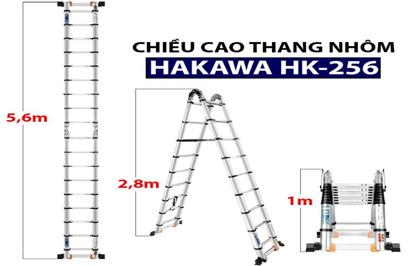 Kích thước của Thang nhôm rút đôi chữ A Hakawa HK-256