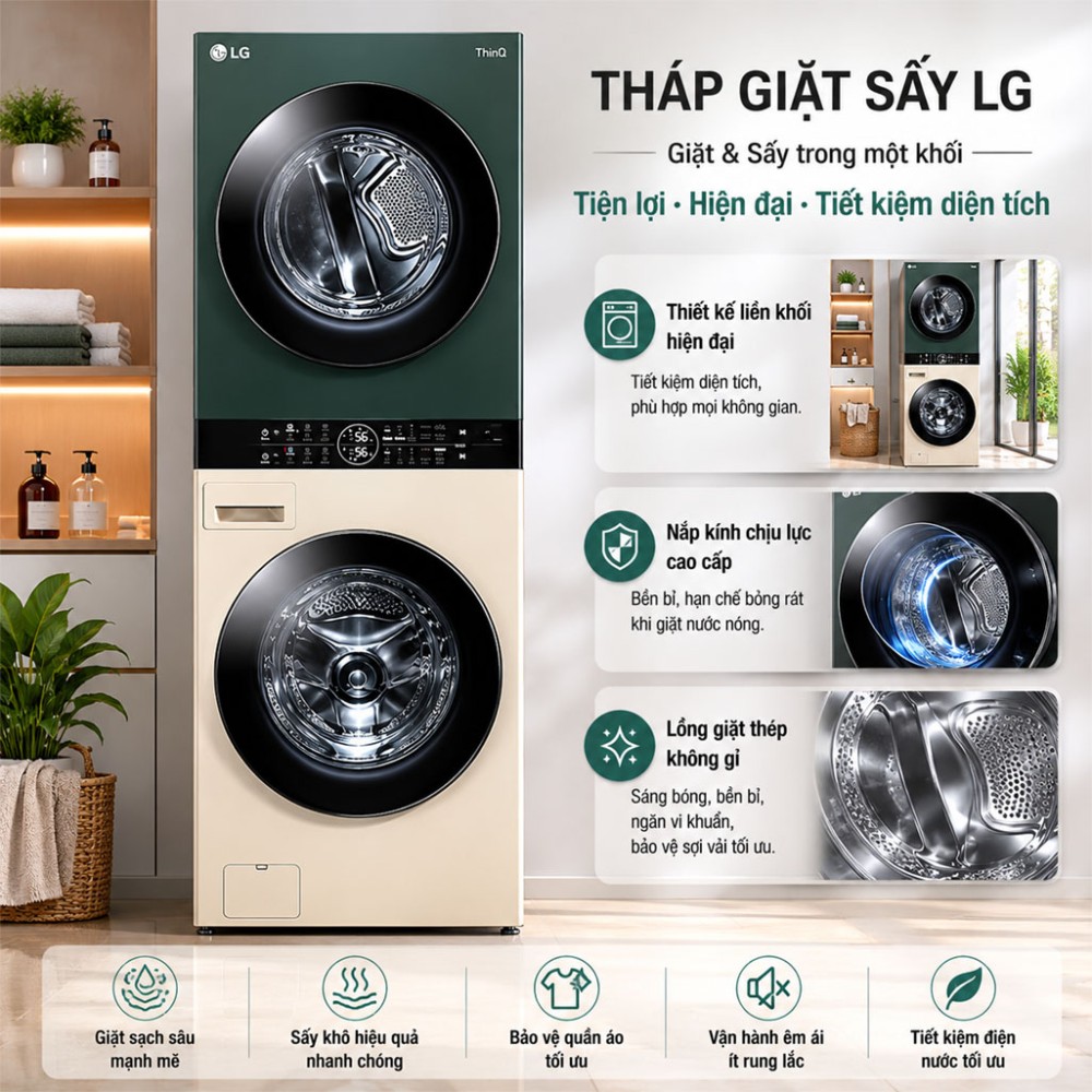 Tháp giặt sấy LG WashTower Inverter giặt 14 kg - sấy 10 kg WT1410NHEG - Hàng chính hãng