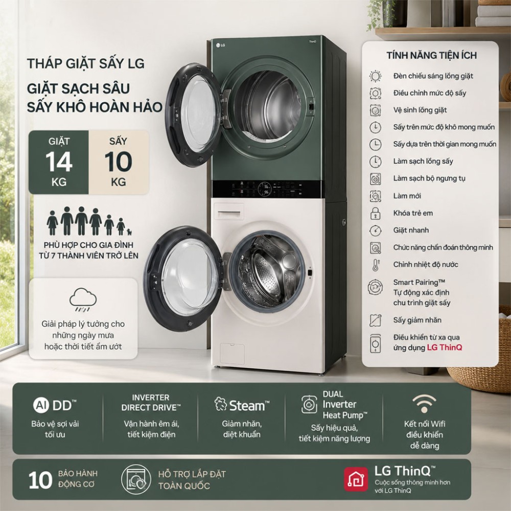 Tháp giặt sấy LG WashTower Inverter giặt 14 kg - sấy 10 kg WT1410NHEG - Hàng chính hãng