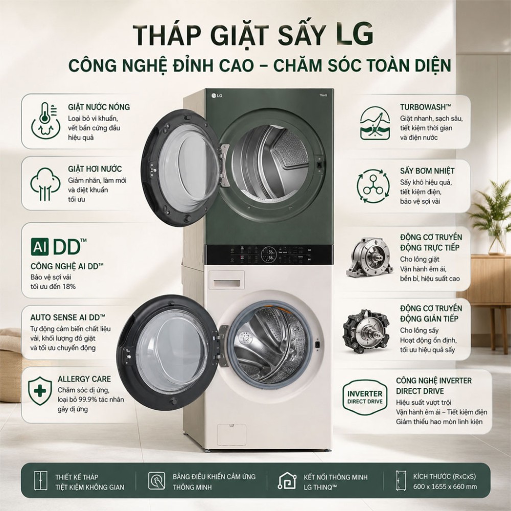 Tháp giặt sấy LG WashTower Inverter giặt 14 kg - sấy 10 kg WT1410NHEG - Hàng chính hãng
