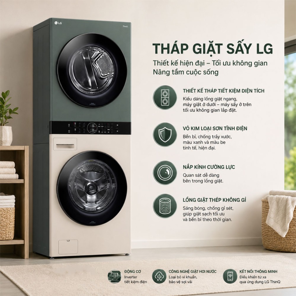 Tháp giặt sấy LG Wash Tower Inverter giặt 25 kg - sấy 17 kg WT2517NHEG - Hàng chính hãng