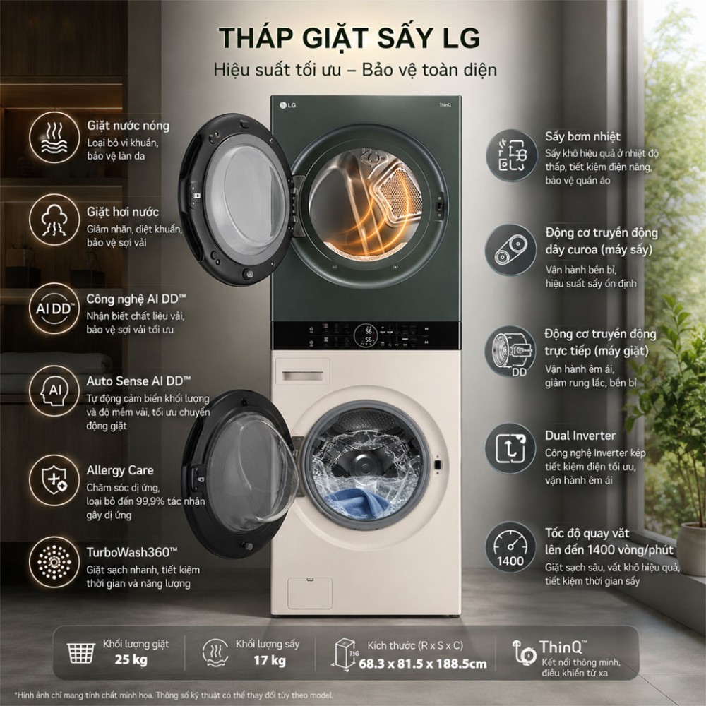 Tháp giặt sấy LG Wash Tower Inverter giặt 25 kg - sấy 17 kg WT2517NHEG - Hàng chính hãng