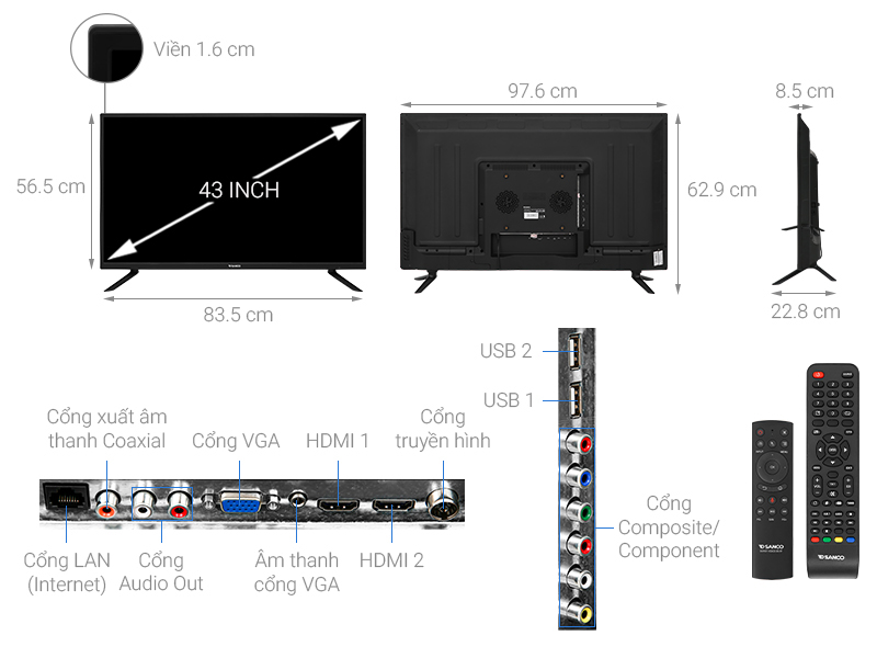 Tivi LED Sanco voice 43 inch H43V300 hỗ trợ đa dạng các cổng kết nối